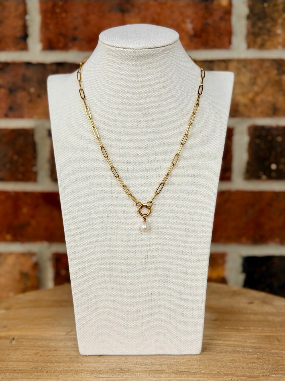 Paperclip Necklace with Pearl Charm-16 inches